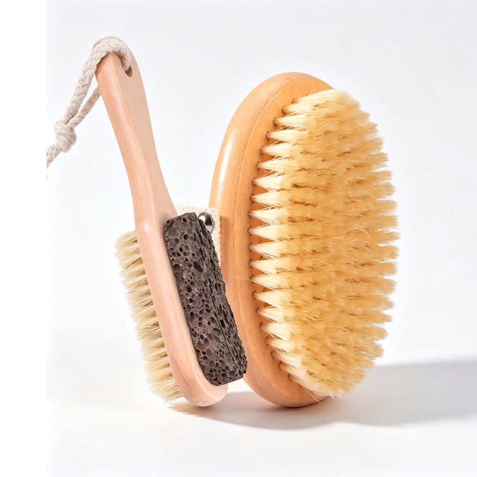 Body Brush - 2個入り：ドライブラッシング用ボディブラシと両面ニッケル製フットファイル。セルライトやリンパの滞りを解消するための、体用角質除去・マッサージブラシ。